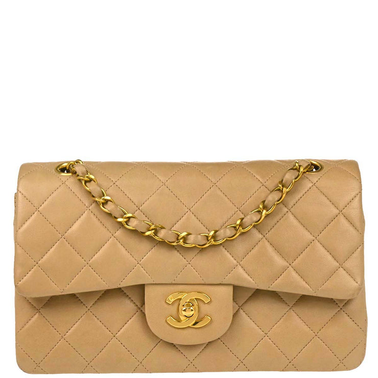 Chanel 1994-1996 Beige Lambskin Small Classic Double Flap Shoulder Bag