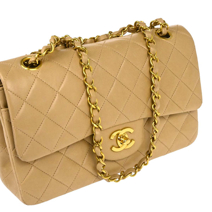 Chanel 1994-1996 Beige Lambskin Small Classic Double Flap Shoulder Bag