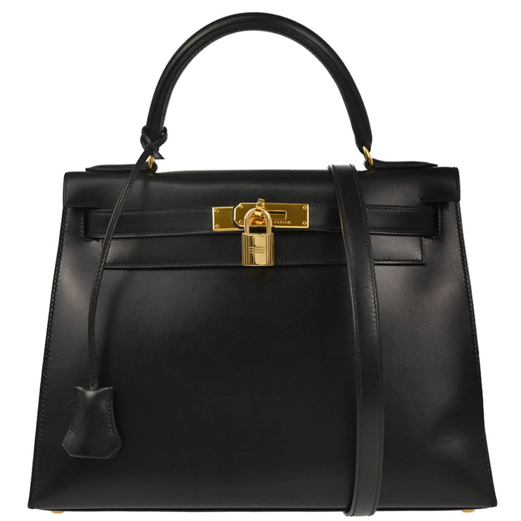 Hermes 1996 Black Box Calf Kelly 28 Sellier 2way Shoulder Handbag