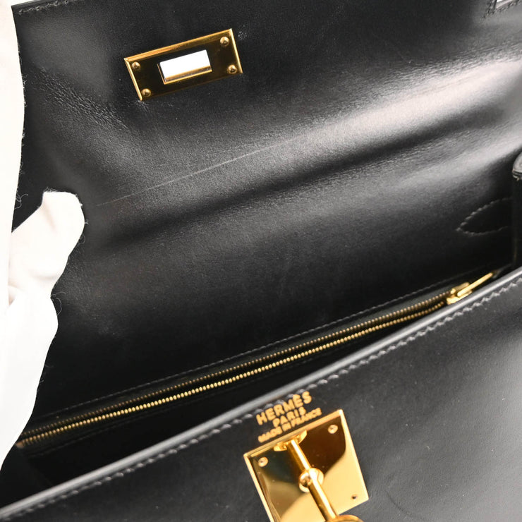 Hermes 1996 Black Box Calf Kelly 28 Sellier 2way Shoulder Handbag