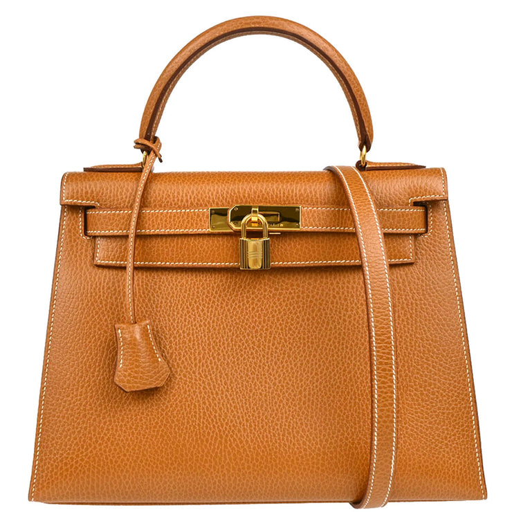 Hermes 1994 Gold Ardennes Kelly 28 Sellier 2way Shoulder Handbag
