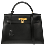 Hermes 1998 Black Box Calf Kelly 32 Sellier Handbag
