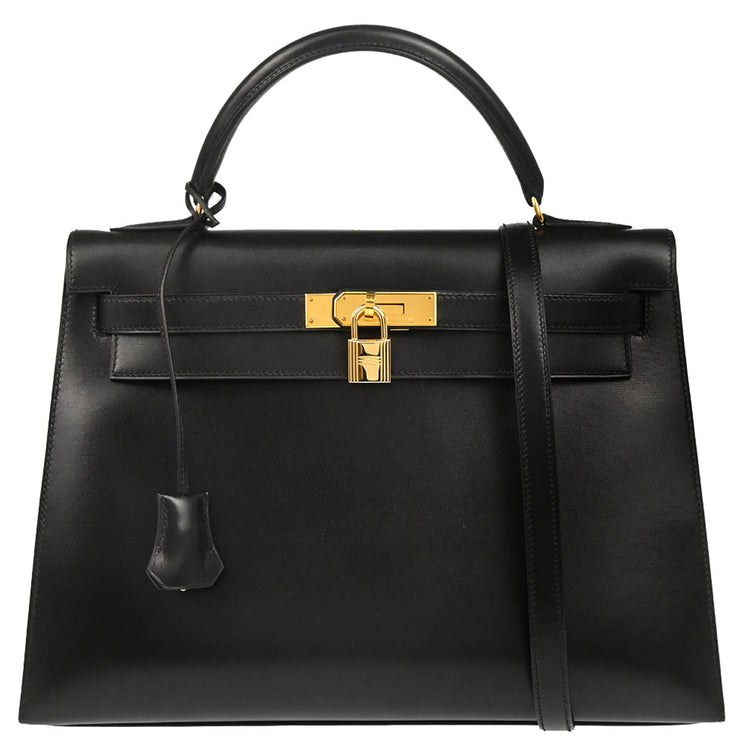 Hermes 1998 Black Box Calf Kelly 32 Sellier Handbag