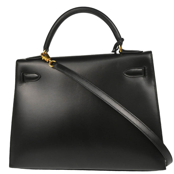 Hermes 1998 Black Box Calf Kelly 32 Sellier Handbag