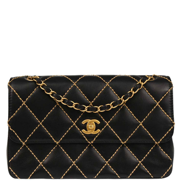 Chanel 2005-2006 Black Calfskin Wild Stitch Straight Flap Shoulder Bag