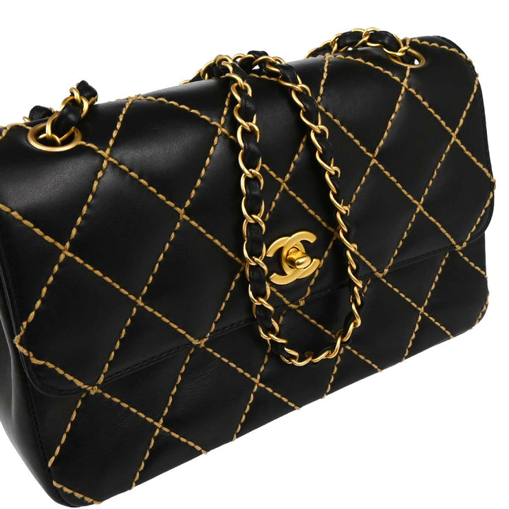 Chanel 2005-2006 Black Calfskin Wild Stitch Straight Flap Shoulder Bag