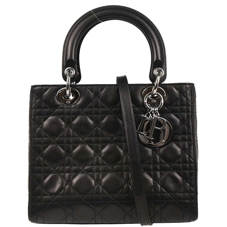 Christian Dior 2001 Black Lambskin  Medium Lady Dior Cannage 2way Shoulder Handbag
