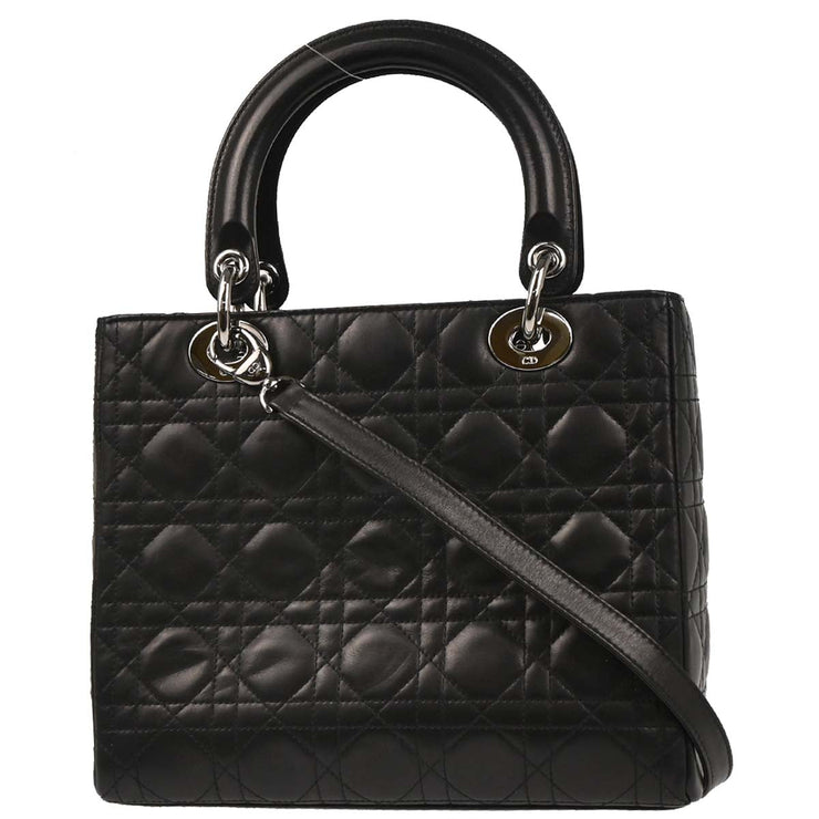 Christian Dior 2001 Black Lambskin  Medium Lady Dior Cannage 2way Shoulder Handbag