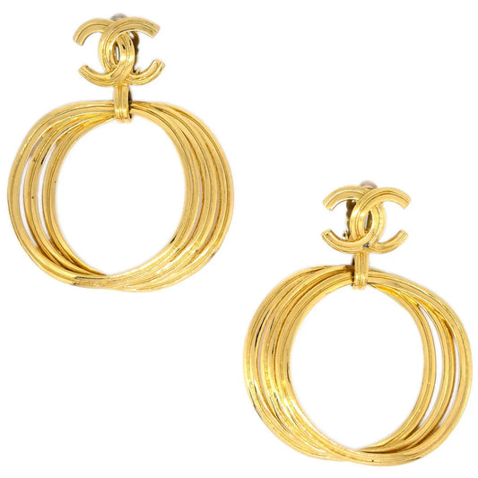 Chanel Dangle Hoop Earrings Clip-On Gold 96P