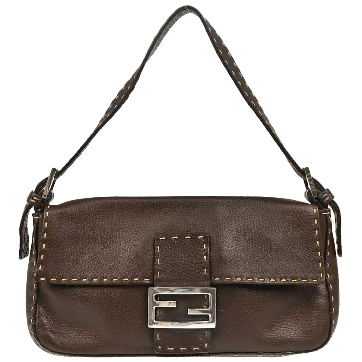 Fendi Brown Leather Stitch Baguette Handbag