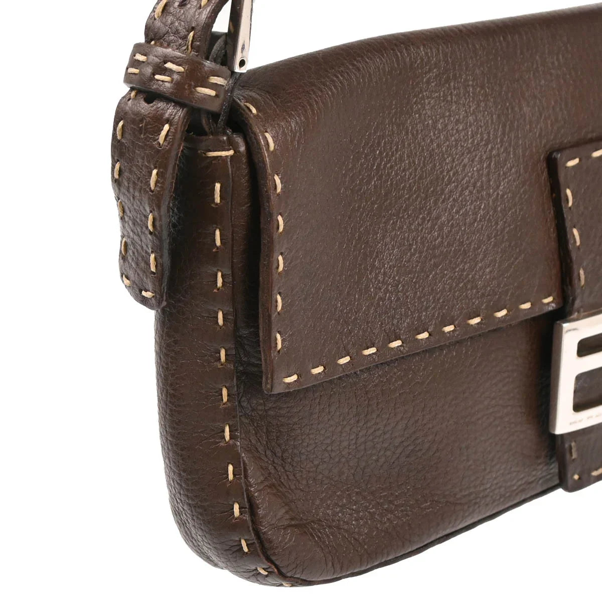 Fendi Brown Leather Stitch Baguette Handbag