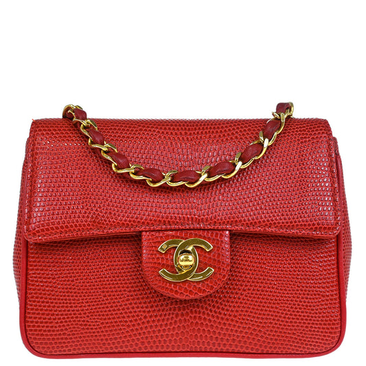 Chanel * Red Lizard Mini Classic Square Flap Shoulder Bag