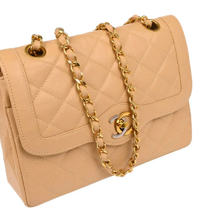 Chanel Beige Lambskin Paris Small Double Flap Shoulder Bag