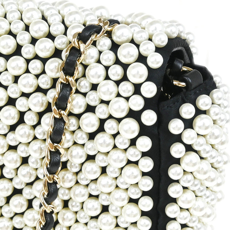 Chanel 1991-1994 Black White Satin Costume Pearl Shoulder Bag