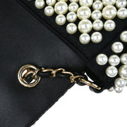 Chanel 1991-1994 Black White Satin Costume Pearl Shoulder Bag