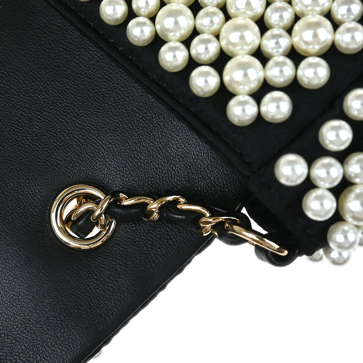 Chanel 1991-1994 Black White Satin Costume Pearl Shoulder Bag