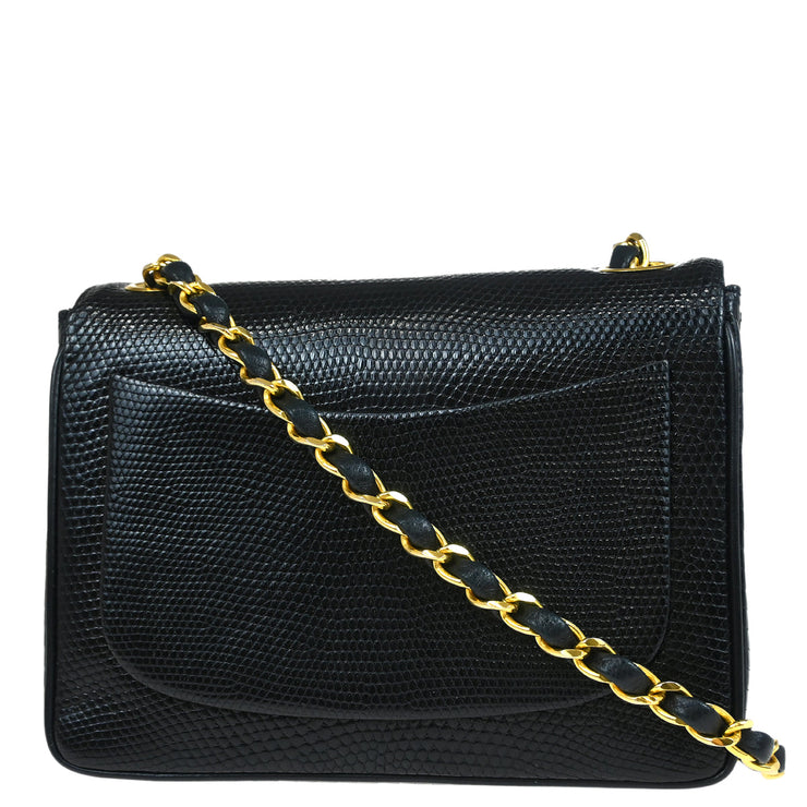 Chanel 1986-1988 Black Lizard Mini Classic Square Flap Shoulder Bag