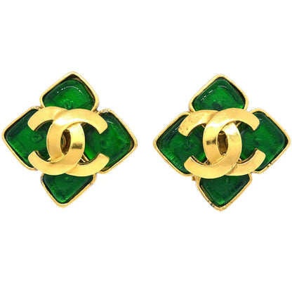 Chanel Gripoix Rhombus Earrings Clip-On Gold Green 95P