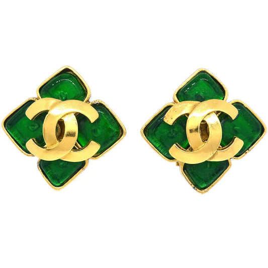Chanel Gripoix Rhombus Earrings Clip-On Gold Green 95P