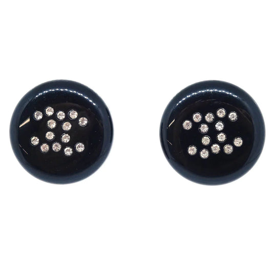 Chanel Button Piercing Earrings Black Rhinestone 00A
