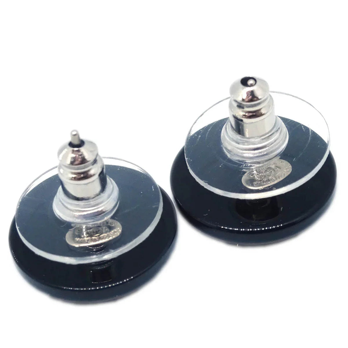 Chanel Button Piercing Earrings Black Rhinestone 00A