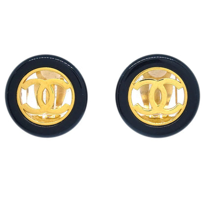 Chanel Gold Black Button Earrings Clip-On 97A