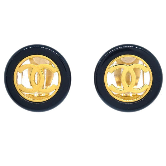 Chanel Gold Black Button Earrings Clip-On 97A