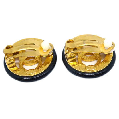 Chanel Gold Black Button Earrings Clip-On 97A