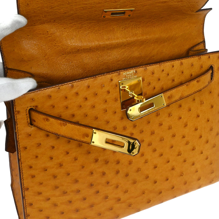 Hermes * Chestnut Ostrich Kelly 28 Sellier 2way Shoulder Handbag