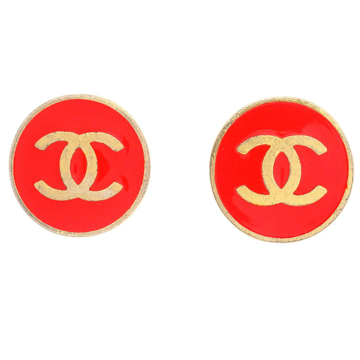 Chanel Button Earrings Clip-On Gold Red 01P