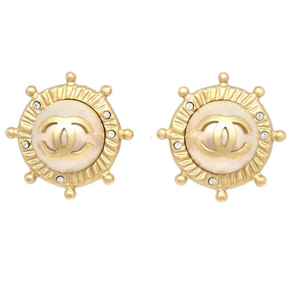 Chanel Gold Button Earrings Clip-On Rhinestone Costume Pearl 05A