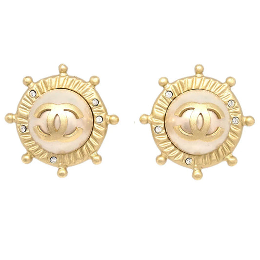 Chanel Gold Button Earrings Clip-On Rhinestone Costume Pearl 05A