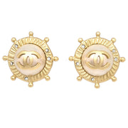 Chanel Gold Button Earrings Clip-On Rhinestone Costume Pearl 05A