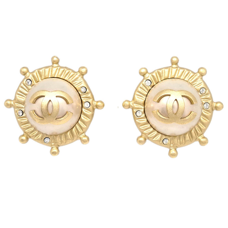 Chanel Gold Button Earrings Clip-On Rhinestone Costume Pearl 05A