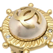 Chanel Gold Button Earrings Clip-On Rhinestone Costume Pearl 05A