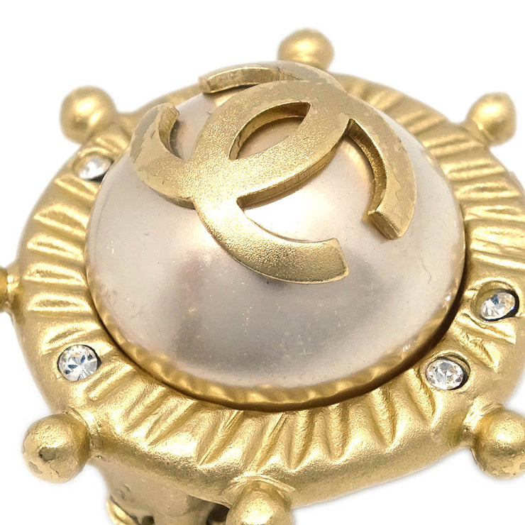 Chanel Gold Button Earrings Clip-On Rhinestone Costume Pearl 05A
