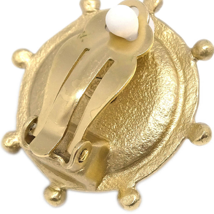 Chanel Gold Button Earrings Clip-On Rhinestone Costume Pearl 05A