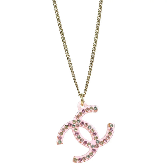 Chanel CC Chain Pendant Necklace Rhinestone Gold 04A