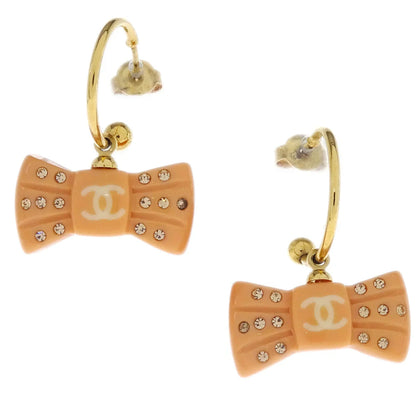 Chanel Bow Dangle Piercing Earrings Rhinestone 02P