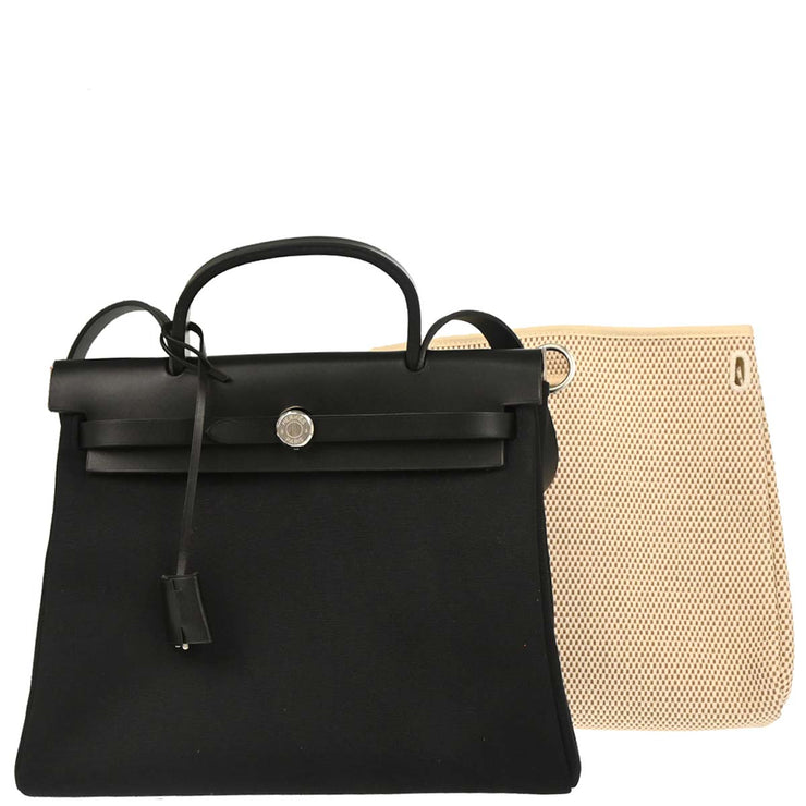Hermes Black Natural Toile GM Officier Herbag PM 2 in 1 Handbag