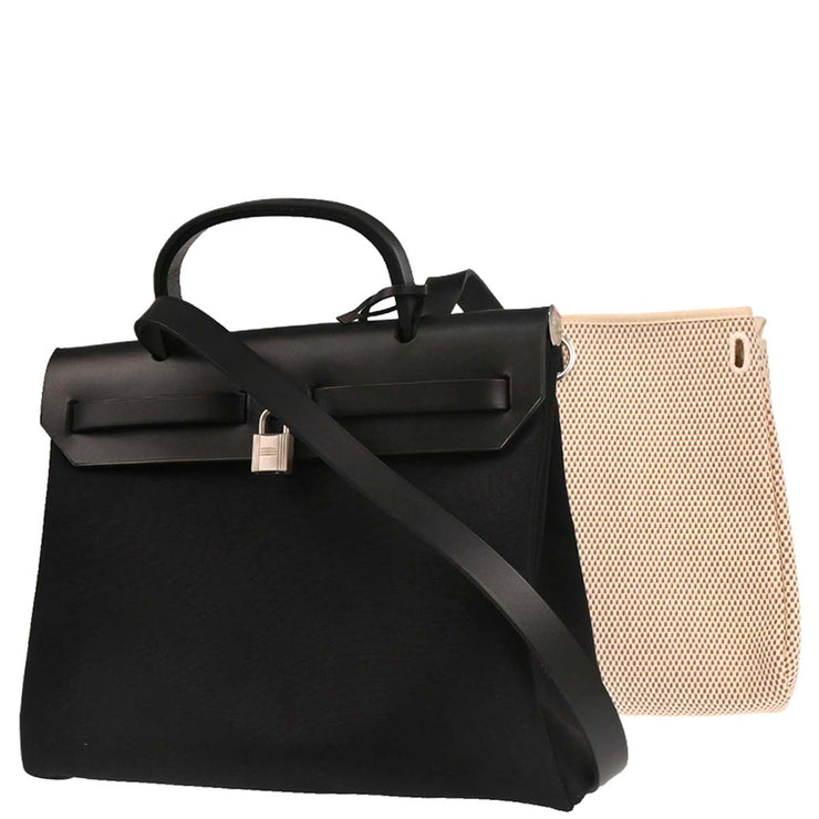 Hermes Black Natural Toile GM Officier Herbag PM 2 in 1 Handbag