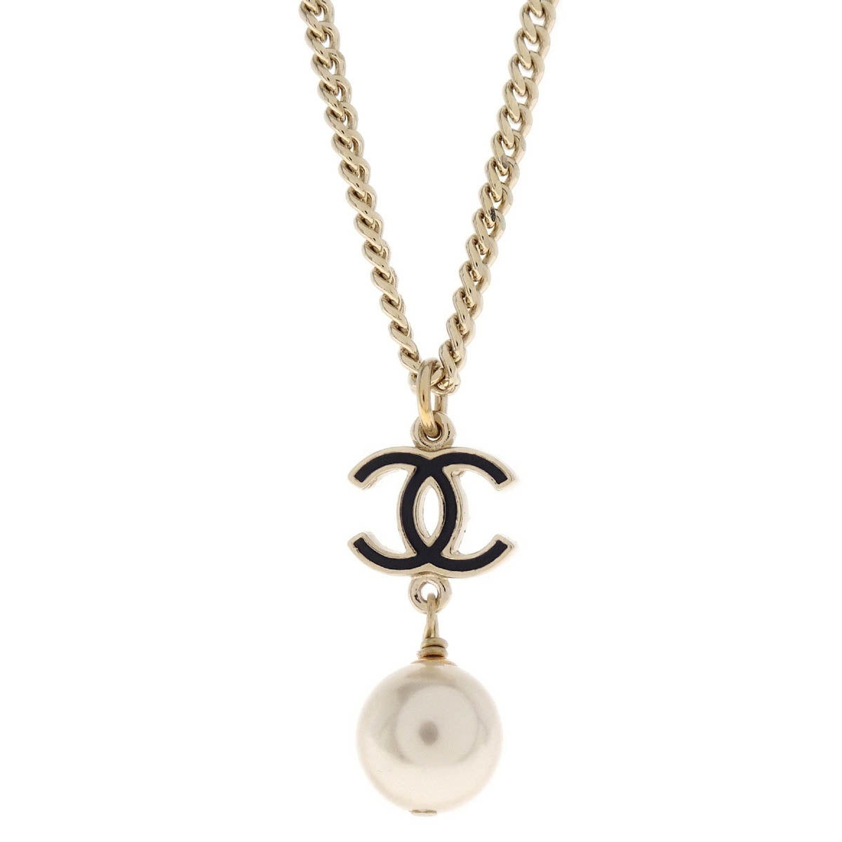 Chanel Chain Pendant Necklace CC Costume Pearl Gold 07C