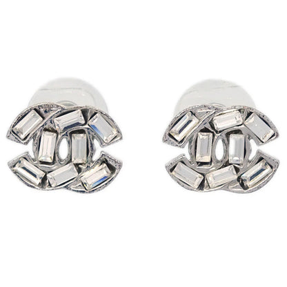 Chanel CC Piercing Earrings Silver Rhinestone 01P