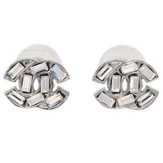 Chanel CC Piercing Earrings Silver Rhinestone 01P