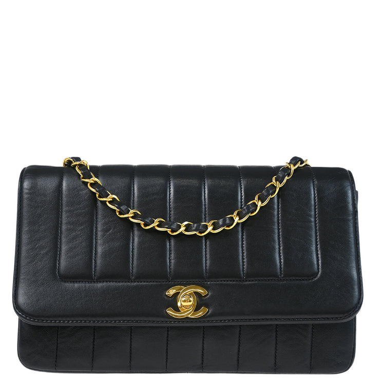 Chanel 1991-1994 Black Lambskin Mademoiselle Straight Flap Shoulder Bag