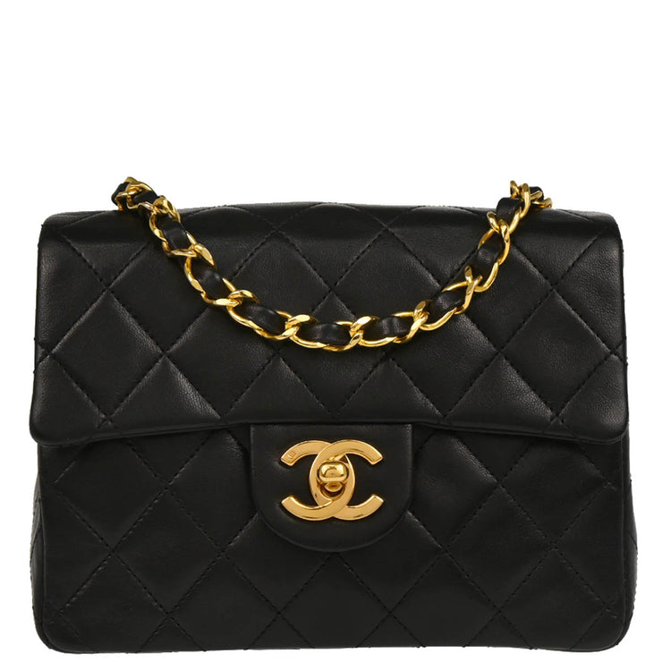 Chanel 1989-1991 Black Lambskin Mini Classic Square Flap Shoulder Bag