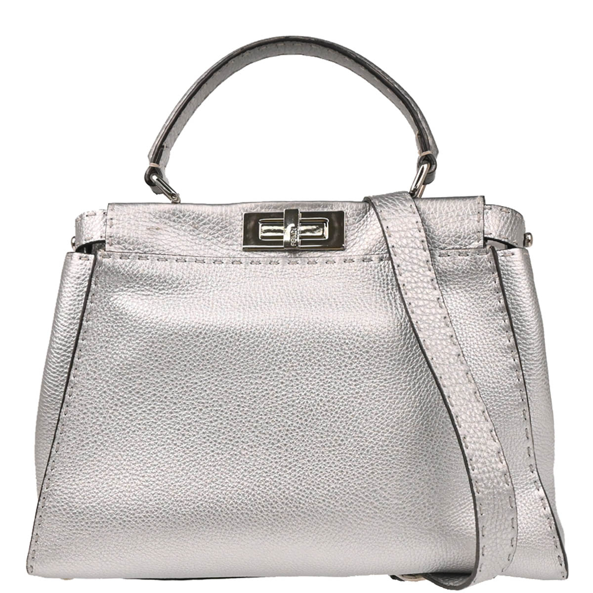 Fendi Silver Leather Peekaboo 2way Shoulder Handbag