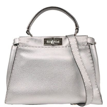 Fendi Silver Leather Peekaboo 2way Shoulder Handbag