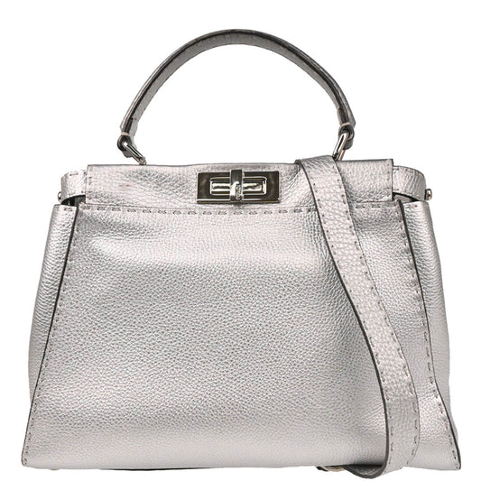 Fendi Silver Leather Peekaboo 2way Shoulder Handbag