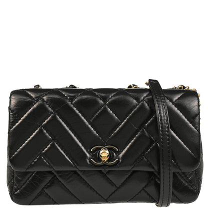Chanel 2019 Black Lambskin Bias Stitch Straight Flap Shoulder Bag